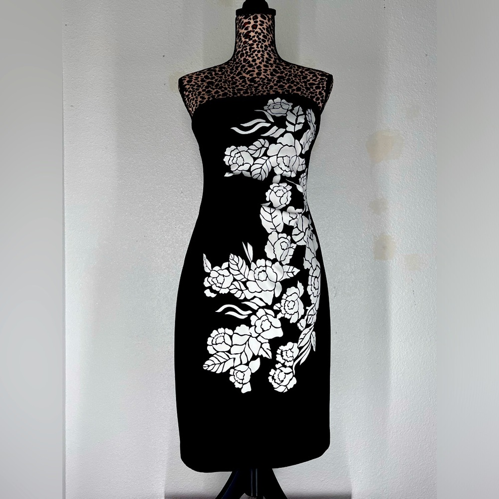 Formal floral, strapless, knee length dress